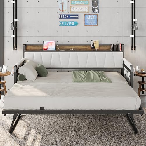 LIKIMIO Daybed with Trundle Bed, Twin Bed Frame with Storage Headboard and Charging Station, Sofa Day Bed with Strong Supports for Living Room, Bedroom, and Guest Room, Grey