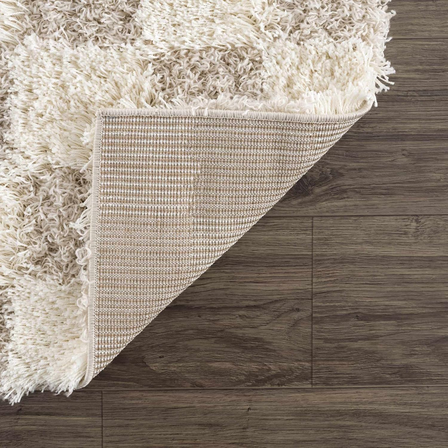 Hauteloom Atira Contemporary Checkered Fluffy Shag Area Rug - Modern Geometric Carpet Tiles for Living Room, Kids Room, Nursery - Plush Pile - Beige, Cream, White - 6'7" x 9'6"