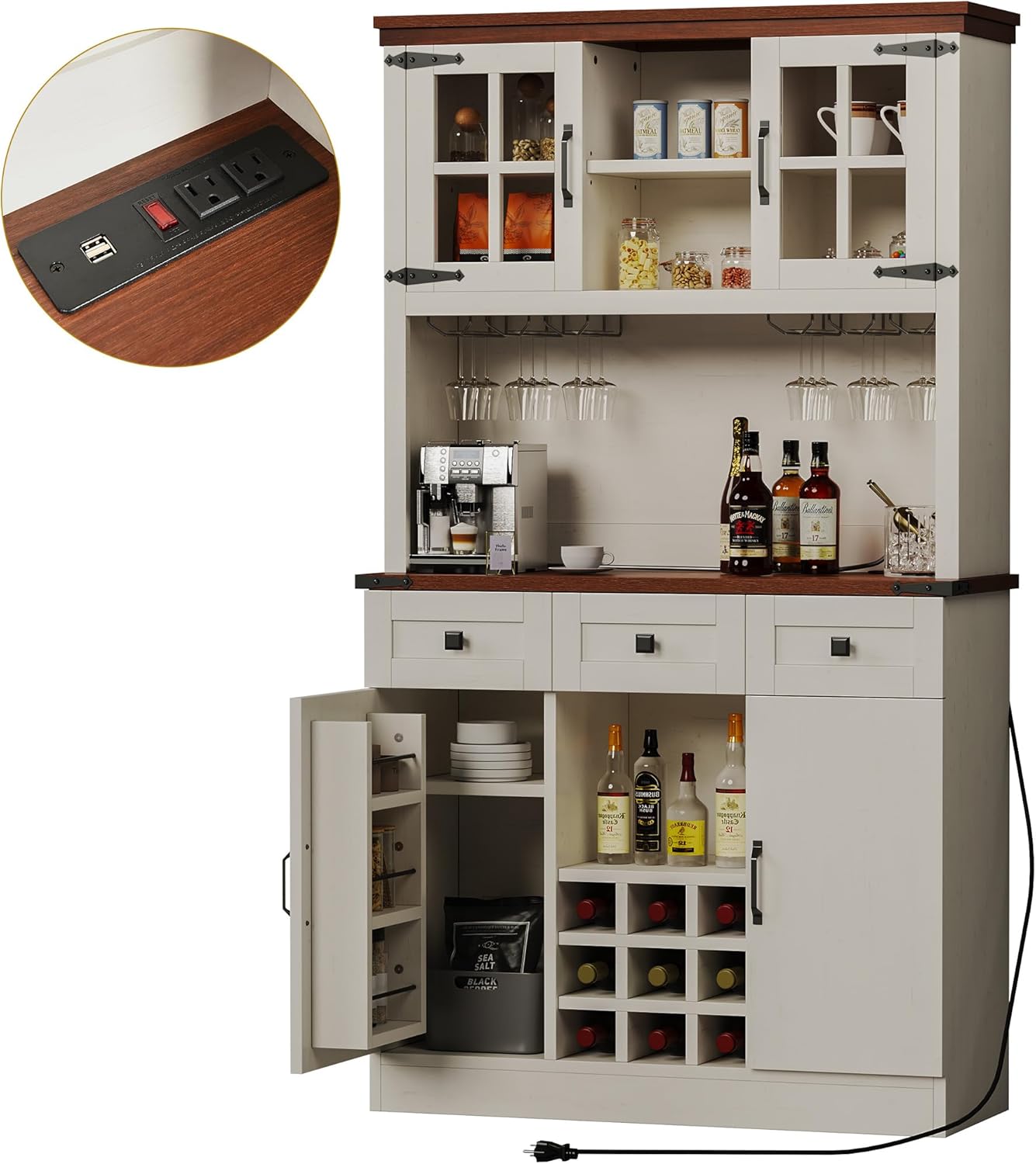 DWVO Farmhouse Kitchen Pantry Cabinet with Power Outlet, 72 Inch Buffet Cabinet with Storage Shelves and 3 Drawers, Pantry Cupboard for Kitchen, Living Room and Dining Room, Antique White