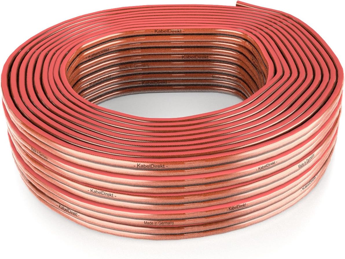 KabelDirekt – Pure Copper Stereo Audio Speaker Wire & Cable – Made in Germany – 14 AWG Gauge – 100 feet – (for HiFi Speakers and Surround Sound Systems, Pure Copper, with Polarity Markings) Pack of 2