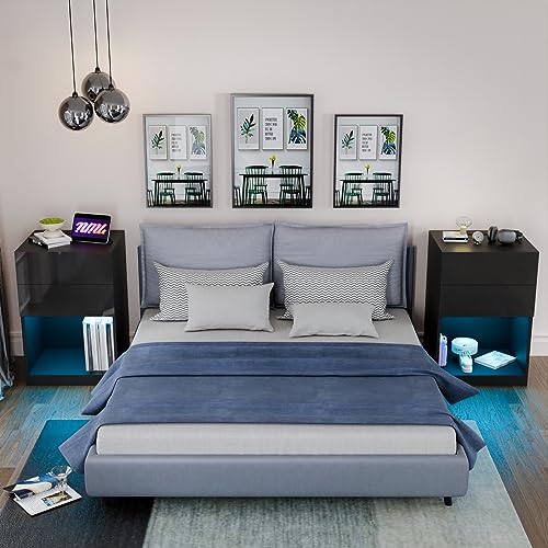 HOMMPA Set of 2 White LED Nightstand with Charging Station Side Table with Open Shelf Night Stand with Led Lights USB Ports Outlets Bedside Table End Table with Drawers Storage for Bedroom