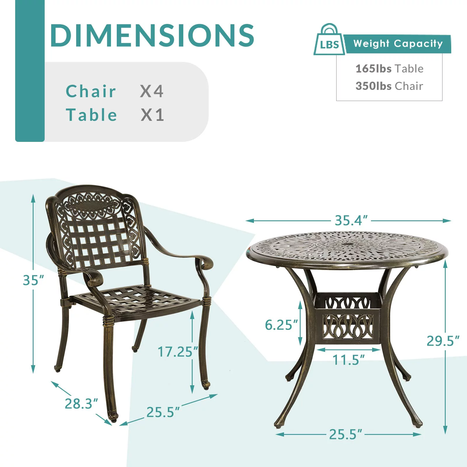 MEETWARM 5 Piece Patio Dining Set, Outdoor All-Weather Cast Aluminum Dining Table Set, Patio Furniture Set for Backyard Garden Deck, Include 4 Chairs and a 35.4" Round Table with Umbrella Hole