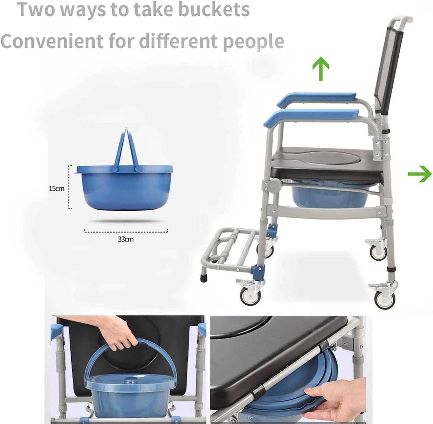KOHARA Commode eelchair, Lightweight Bedside Commode Portable Toilet Bath Chair with Built-in Toilet for Disabled People The Elderly Others up to 150 Kg Adjustable Height Shower Chair A