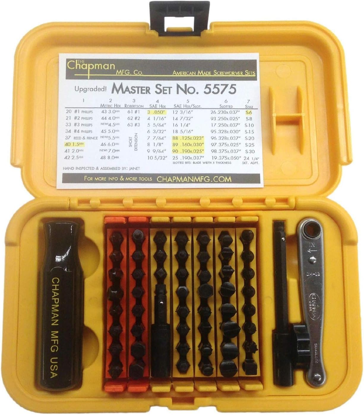 Chapman MFG 5575 Master Screwdriver Set - Includes Phillips, Metric, Slotted, SAE & Metric Hex Bits, Star Bits (for Torx Screws) - Complete Set Offers 51 USA Made Insert Bits & 300+ Combinations
