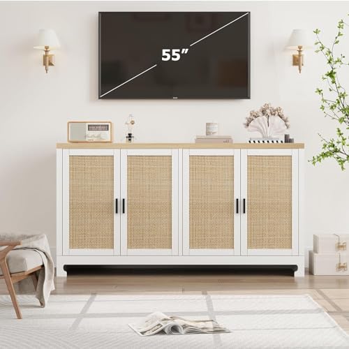 IDEALHOUSE Buffet Cabinet, Rattan Storage Cabinet with 4 Doors and Shelf, Sideboard Buffet Cabinet with Storage, Accent Cabinet Console for Dining Room, Living Room, Hallway (White)