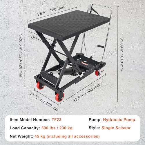 VEVOR Electric Lift Table, 330 lbs Capacity Single Scissor Lift Table, 8-28 in Height Adjustable Lifting Platform, Coffee Table Lift with 4 Wheels, for Material Handling and Transportation, Black