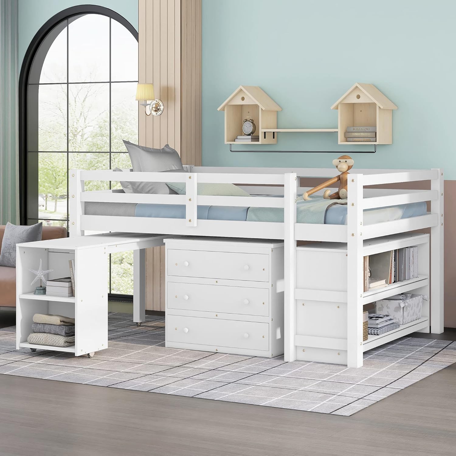 Merax Full Loft Bed, Wood Loft Bed Full Size with Desk, Low Study Full Size Loft Bed Frame with Cabinet and Shelves, Great for Kids/Teens/Boys/Girls/Adults, White