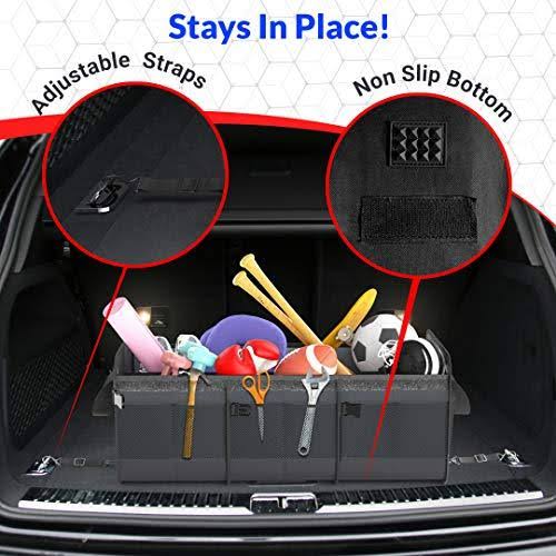 Fortem Car Trunk Organizer, Foldable COVER, Non-Slip Waterproof Bottom, Straps, Cargo Storage (3 Compartments, Black)