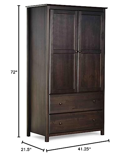 Grain Wood Furniture Shaker 2-Door Wardrobe, Solid Wood with Walnut Finish