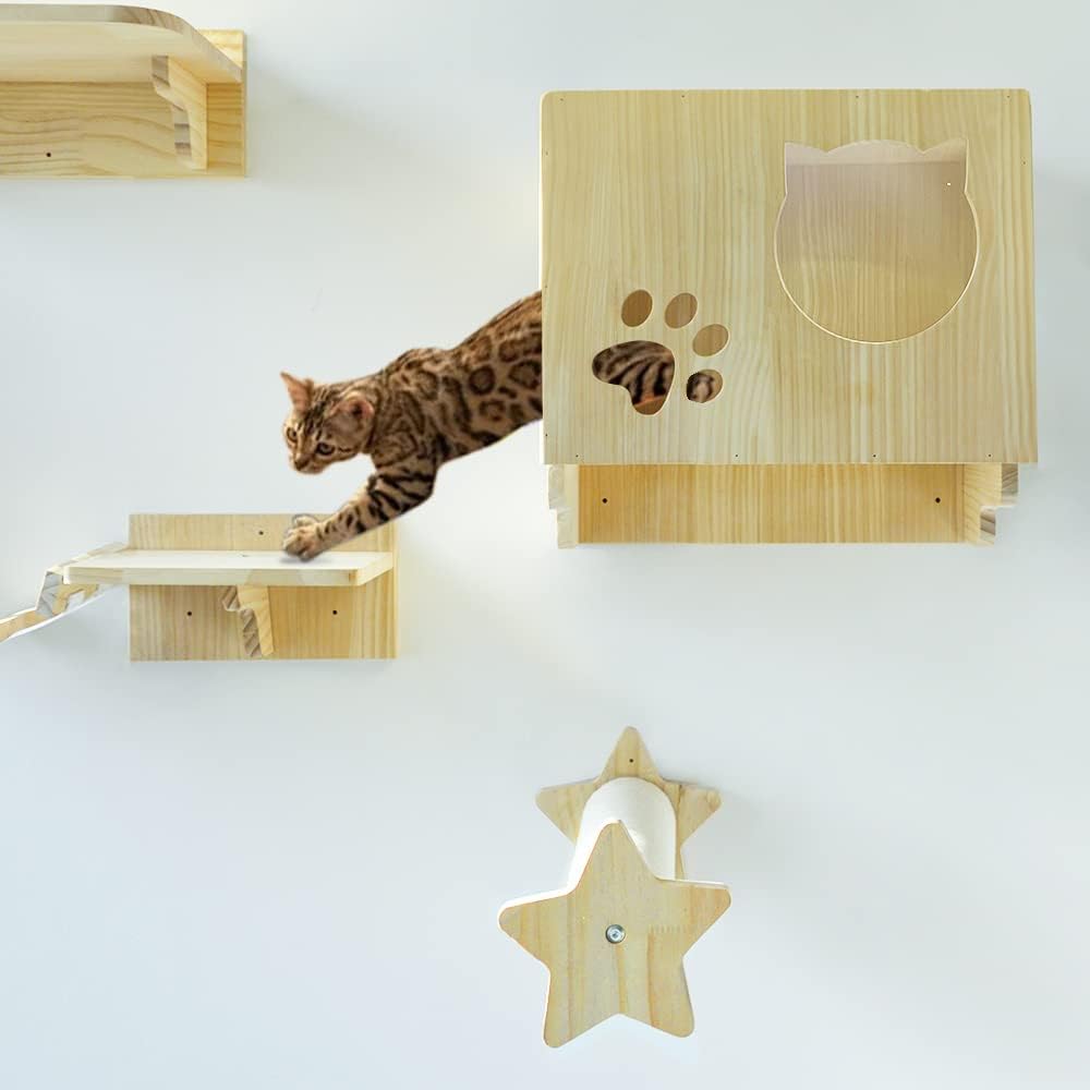 La La Pet® Wall Mounted Cat Furniture Wooden Cat Shelves and Perches for Wall Cat Steps Ladder Cat Bed Activity Tree Cat Climbing Structure Modern Cat Lounger Climber Set of 9