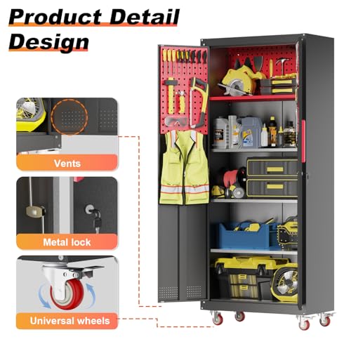 Metal Garage Storage Cabinet, Tall Garage Cabinets with 5 Adjustable Shelves, Steel Tool Storage Cabinet with Wheels,Lockable Heavy Duty Metal Cabinets for Home, Warehouse,Basement