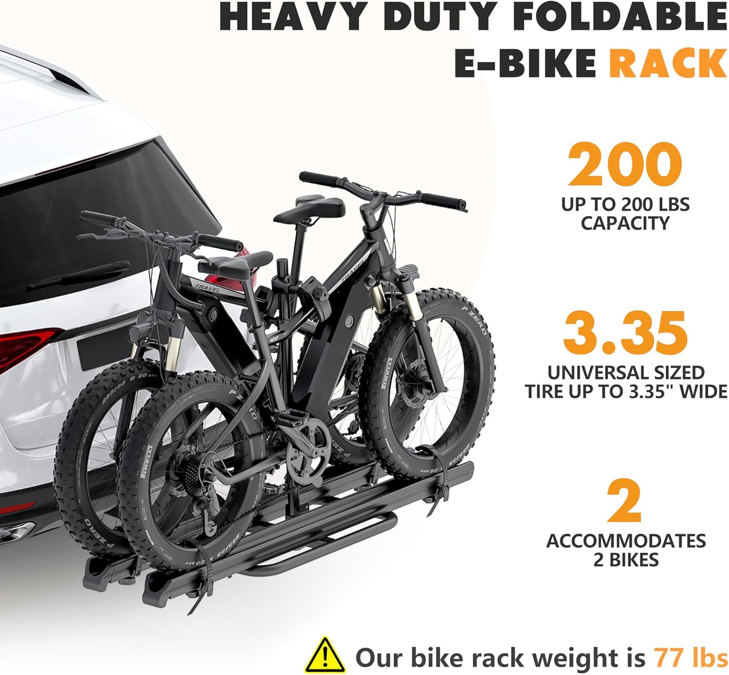 2 EBike Rack With Ramp, 2" Hitch Mounted Carrier Bike Racks Platform, 200 Lbs Max Loading for Standard, Fat Tire and Electric Bicycles, Foldable Heavy Duty E-Bike Rack for SUVs Cars Trucks RV