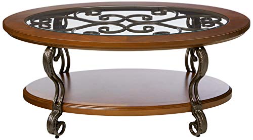 Signature Design by Ashley Nestor Traditional Oval Coffee Table with Beveled Glass Top, Scrollwork Underlay and 1 Fixed Shelf, Dark Brown