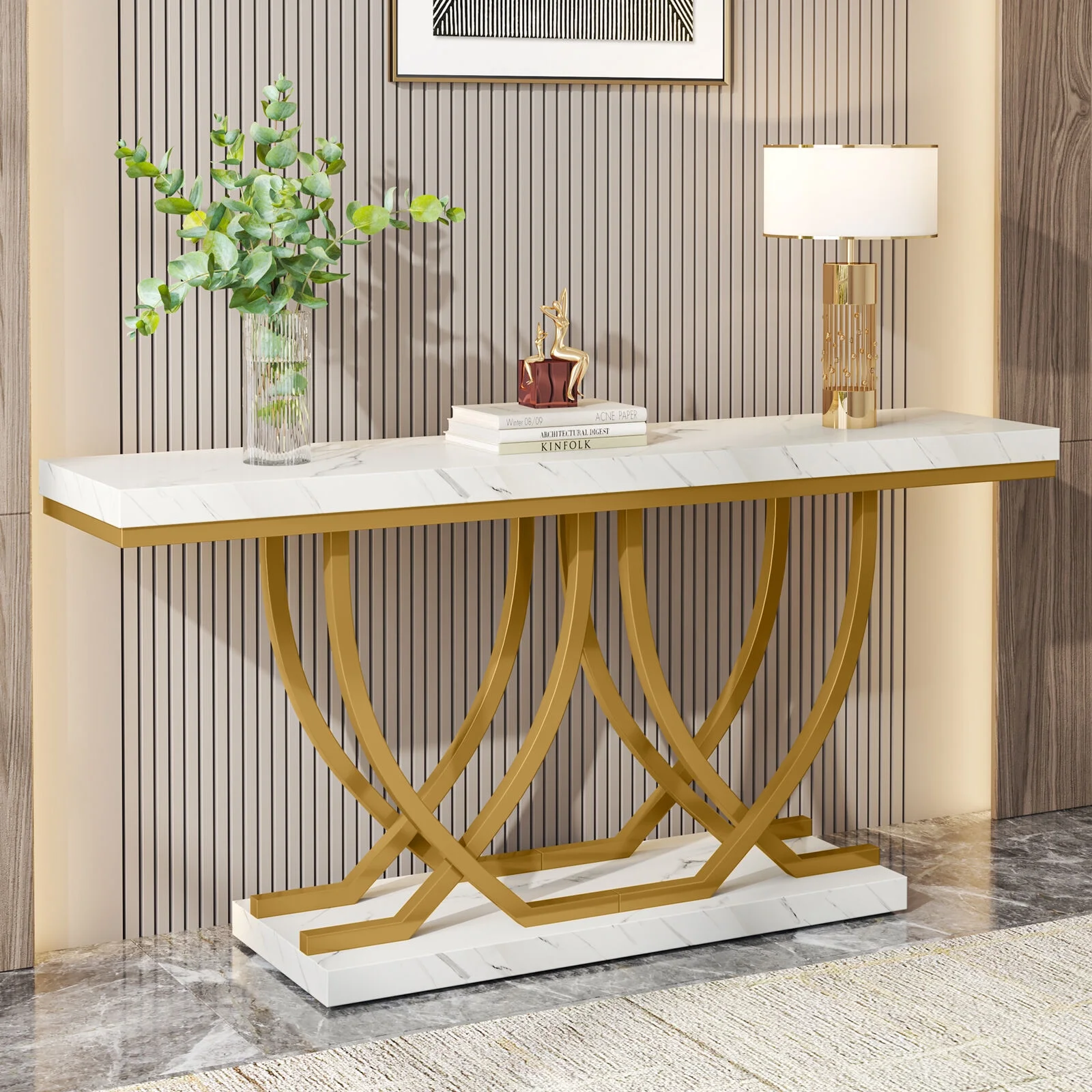 Tribesigns 59" Console Table with Gold Base, Faux Marble Entryway Table Behind Sofa Couch for Living Room, Hallway, White & Gold