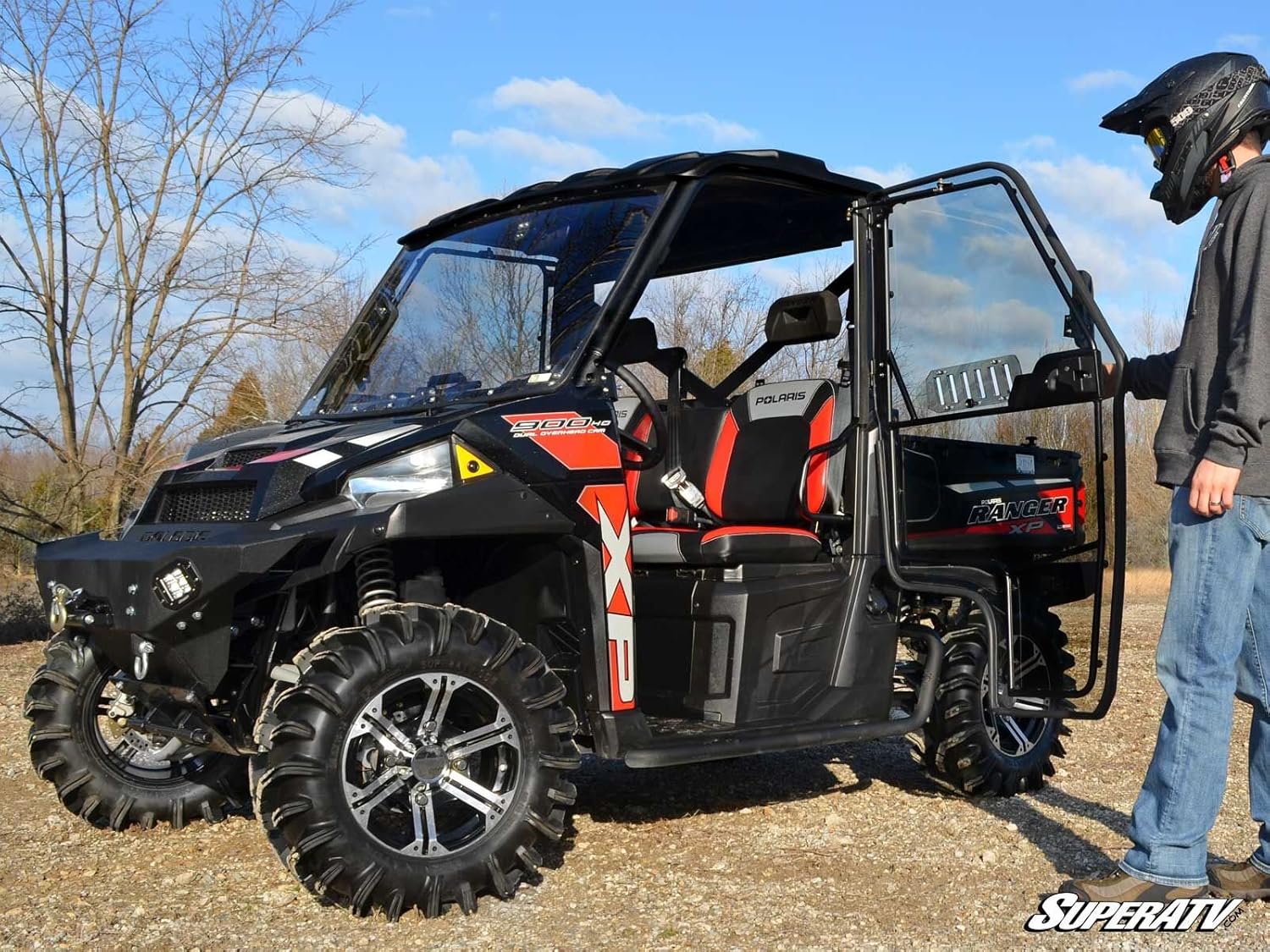 SuperATV Polaris Ranger Cab Enclosure Vented Doors (See Fitment) - Made of Lightly Tinted Scratch-Resistant 1/4 Thick Polycarbonate - Sliding Vents - Includes Bolt-On Side View Mirrors - Made in USA