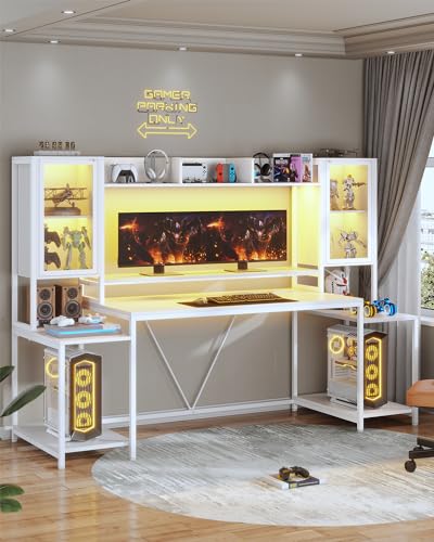 SEDETA Gaming Desk 74.8'' with LED Lights, Hutch and Storage Shelves, Computer Desk with Monitor Stand, Large PC Gamer Desk Workstation, Ergonomic Gaming Table for Bedroom, Living Room, Black