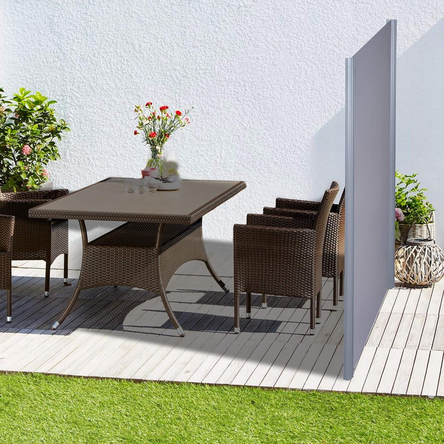 Vilobos Patio Side Awning Wall Mounted Retractable Waterproof Sun Shade Screen Room Divider with Aluminium Pole -Grey (118" L x 78.7" H)