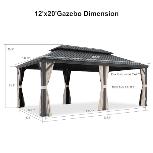 PURPLE LEAF 10' X 14' Permanent Hardtop Gazebo Aluminum Gazebo with Galvanized Steel Double Roof for Patio Lawn and Garden, Curtains and Netting Included, Grey