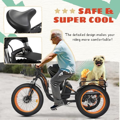 ECOTRIC Electric Tricycle for Adults,Fat Tire 750W 48V 22.4AH Removable Battery, 7 Speeds Adult 3 Wheel Electric Trike with Basket