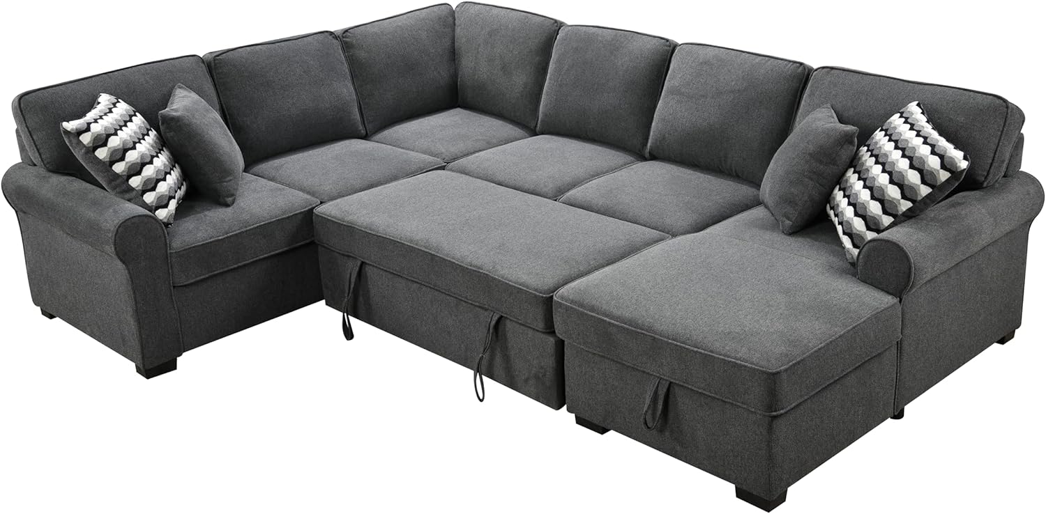 Ball & Cast 117" Sofa Bed with Storage Chaise,U Shaped Corner Convertible Sleeper Sectional Couch W/ 4 Throw Pillows & Removable Backrest Cushions,for Living Room,Apartment,Dark Gray