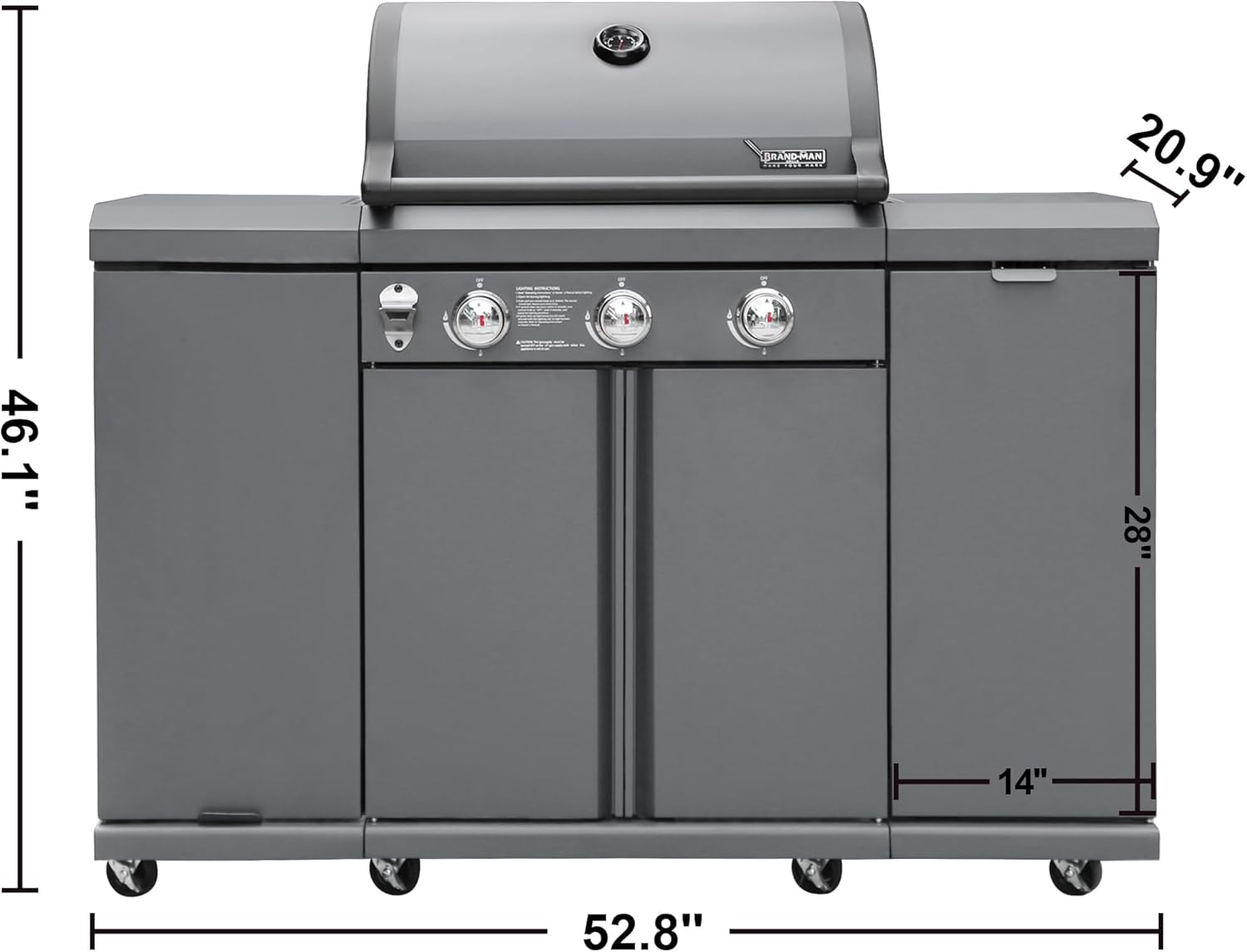 Brand-Man 3-Burner Propane Gas BBQ Grill, Stainless Steel Cabinet Style Grill 30000 BTU for Outdoor Cooking Kitchen Island and Patio Backyard Barbecue with Fold-out Prep Table, Gray