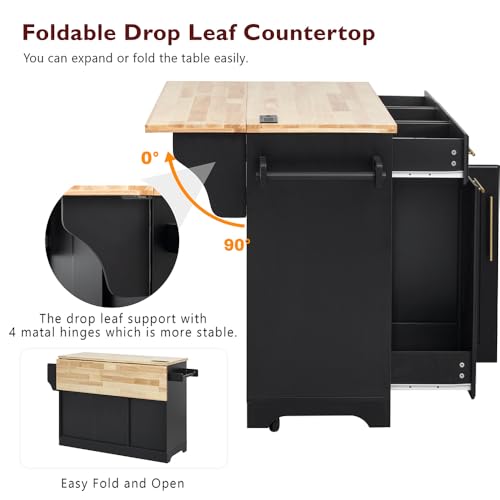59.3" Rolling Kitchen Island on Wheels with Trash Can Storage Cabinet, Island Table for Kitchen with Power Outlet, Kitchen Cart with Drop Leaf and Internal Storage Rack (Black)