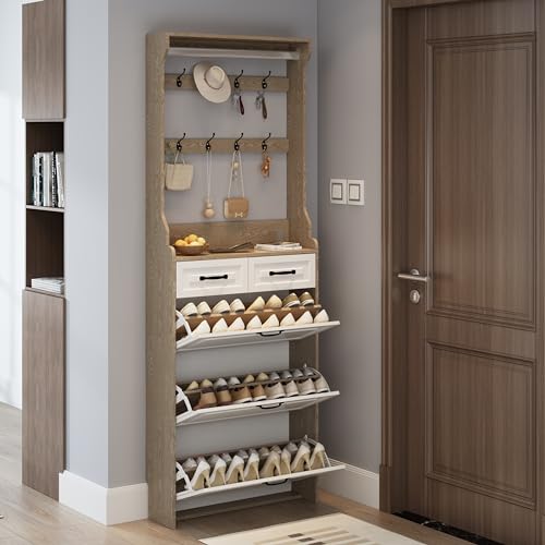 Betoko Hall Tree with Shoes Storage,Farmhouse Entryway Coat Rack Wooden Hallway Mudroom Tree Bench Corner Tree Cabinet with 5 Coat Hooks & 2 Shoes Cabinets and Open Shelf(Rustic White)
