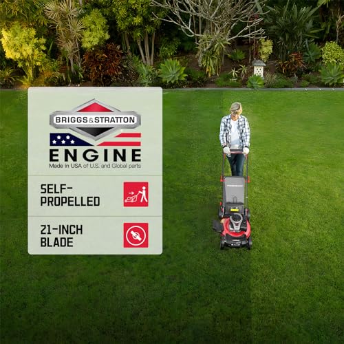 PowerSmart Self Propelled Gas Lawn Mower, Briggs and Stratton E550 140cc Engine, 21-Inch Steel Deck 3-in-1 Mulch, Bag, Side Discharge, 6-Position Dual Lever Height Adjustment