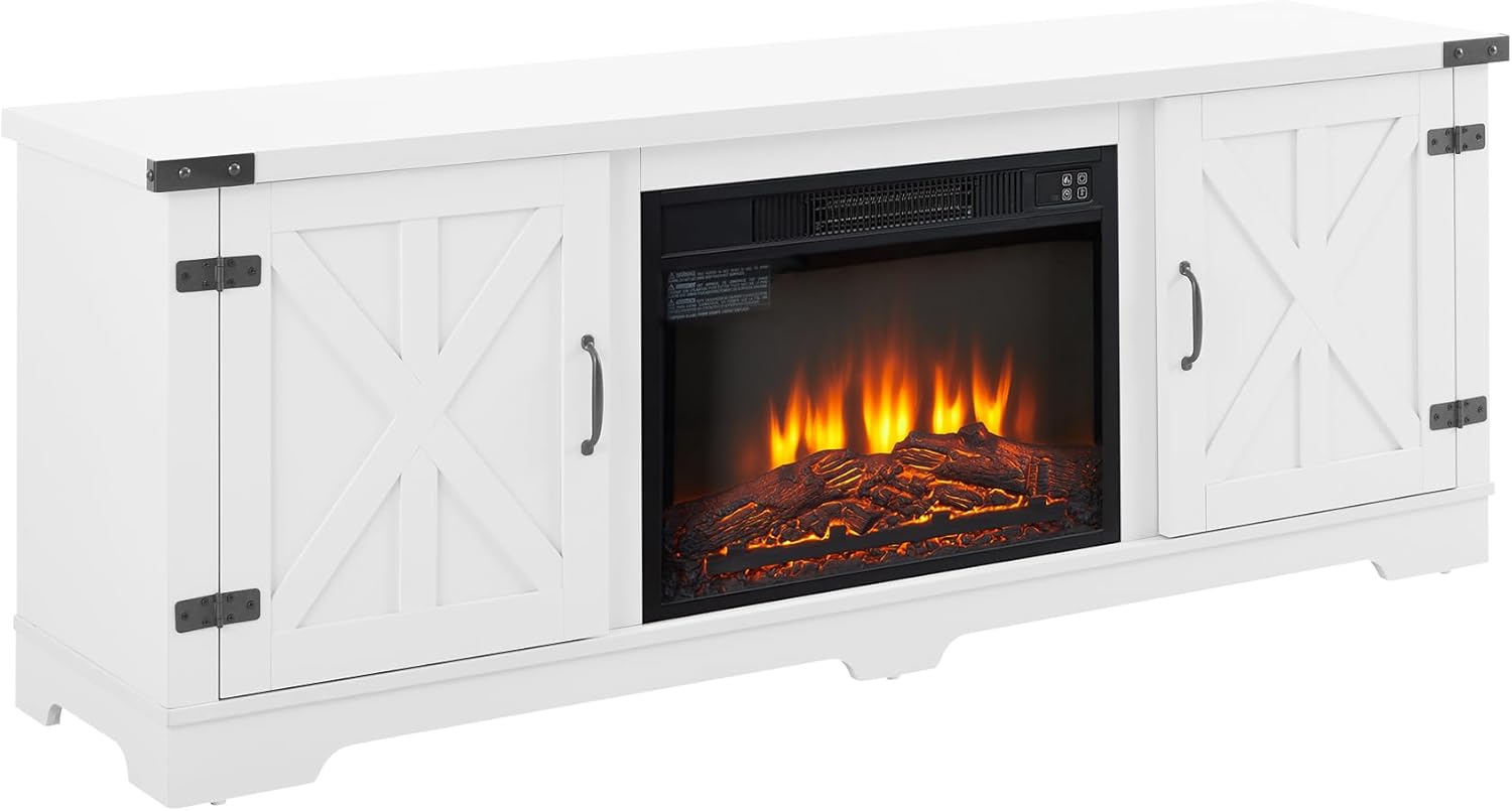 Modern Farmhouse TV Media Stand, Large Barn Inspired Home Entertainment Console, with 23" Fireplace Insert, for TV Up to 70", with Open Shelves and Closed Cabinets, White, 64.8" W*15.67" D*24.29" H