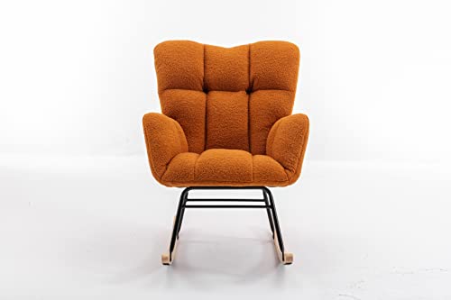 Rocking Chair, Wool Upholstered Glider Rocker with High Backrest, Padded Seat and Curved Legs for Living Room Bedroom Offices, Ergonomic Tufted Armchair Mid Century Style, Ivory White