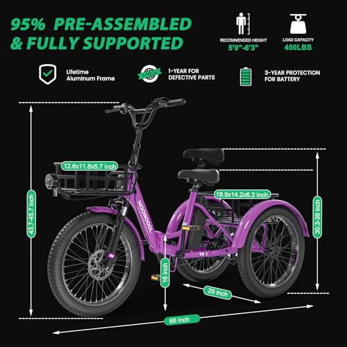 MOONCOOL Electric Tricycle Trike for Adults 350W 36V Removable Battery 24/26 Inches 7 Speeds 3 Wheels Electric Bikes Bicycle for Adults, Three Wheel Electric Cruiser Tricycle