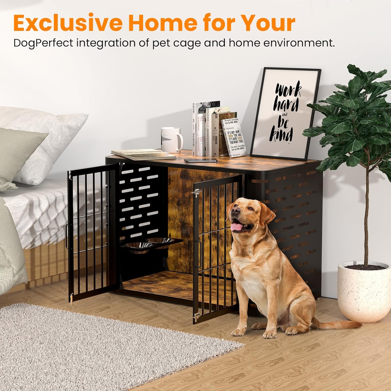 Dog Crate Furniture, 40 Inch No Screws Easy to Assemble Wooden Heavy Duty Large Dog Kennel End Table, with 360° Adjustable Bowl for Large and Medium Dogs, Chew-Resistant, Rustic Brow