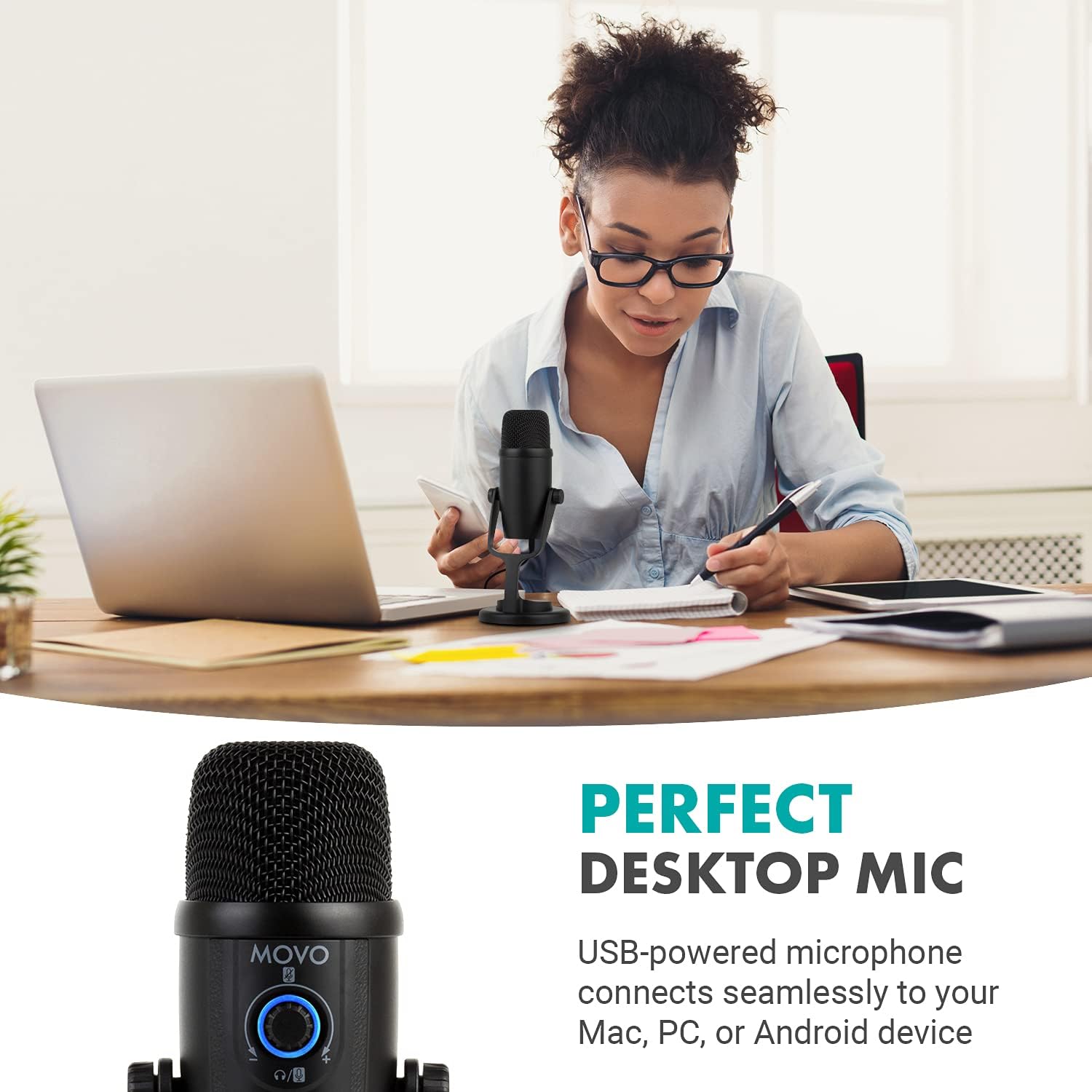 Movo UM300 Mini Desktop USB Microphone for Computer and Android Smartphones - Perfect Podcast, Music, Streaming, and Gaming Microphone for PC and Mac Computers - Travel-Size USB Podcast Microphone