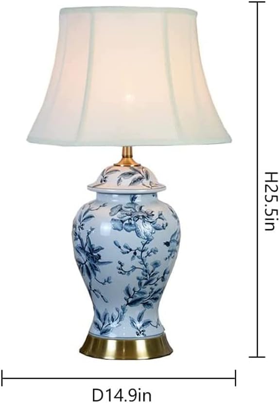 Hand-Painted Ceramic Desk Lamp Chinoiserie Branch Desk Lamp Blue & White Porcelain Lamp Body with Metal Base Bedside Nightstand Lamp for Bedroom Living Room Office College Bookcase
