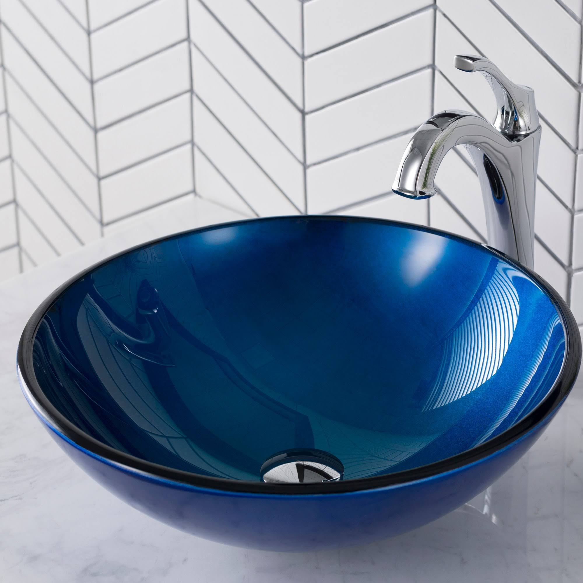 Kraus GV-204 Irruption Blue Glass Vessel Sink, Satin Nickel