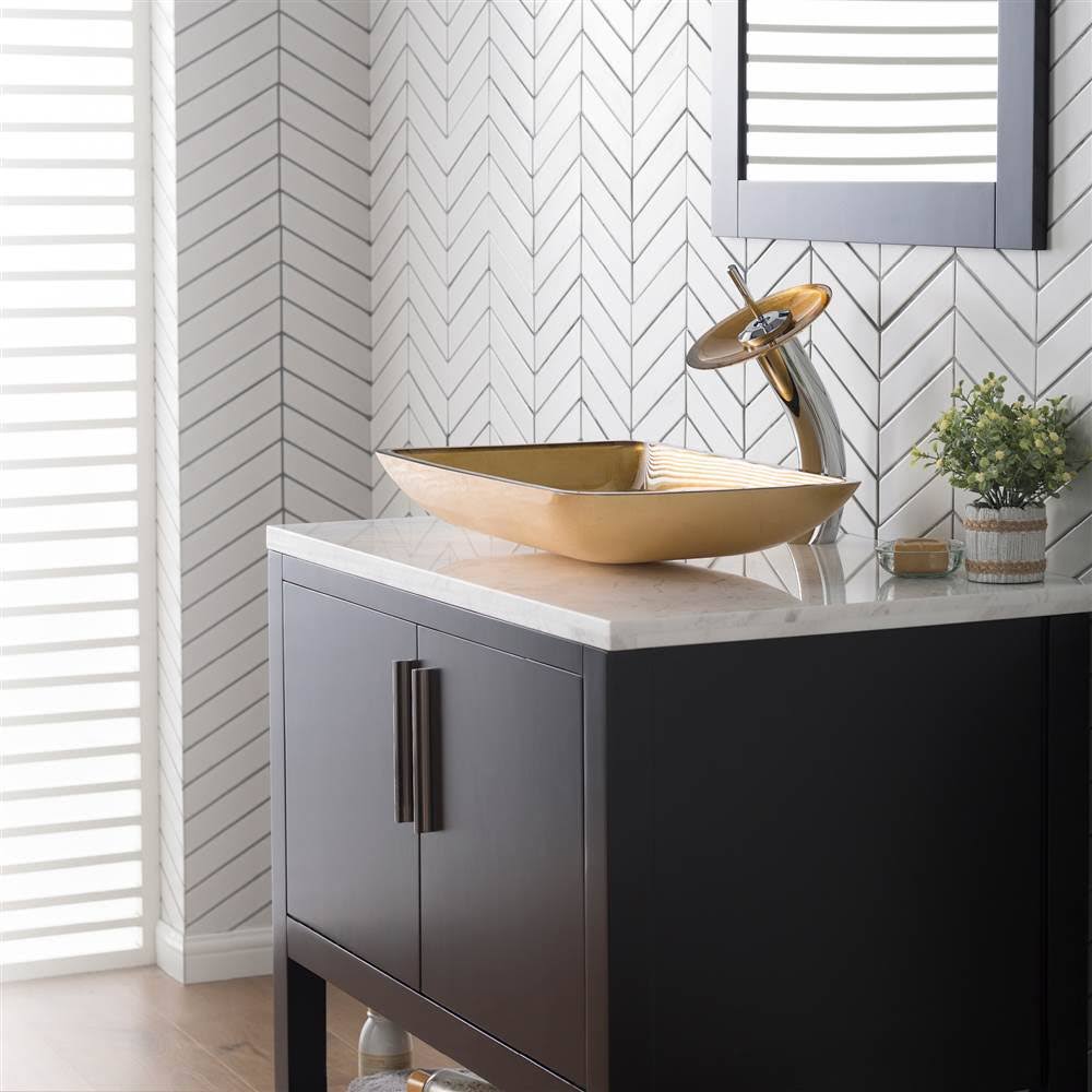 Kraus Golden Pearl Rectangular Glass Vessel Sink and Waterfall Faucet - Satin Nickel