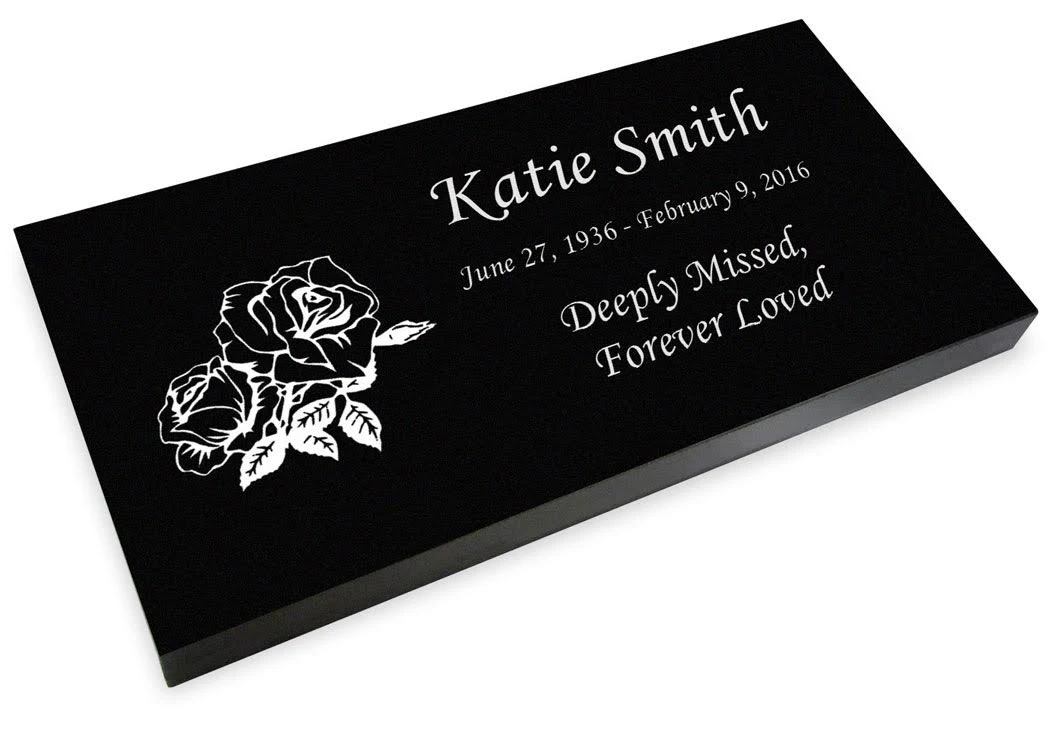 Rose Grave Marker Black Granite Engraved Memorial Headstone