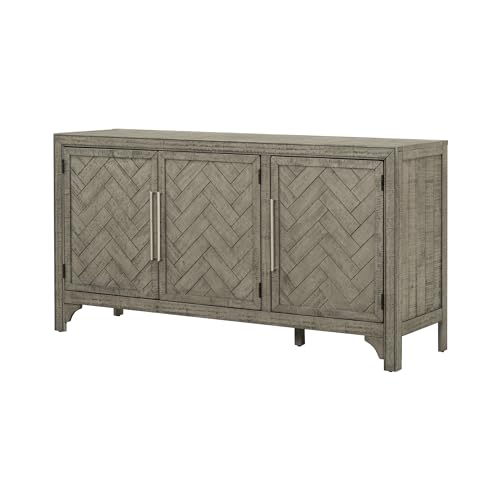 60" Storage Sideboard Cabinet with Metal Handles and 3 Doors, Wood Storage Cabinet with Adjustable Shelves and Decorative Stripe, Sideboard for Living Room, Study, Entrance (Gray-01)