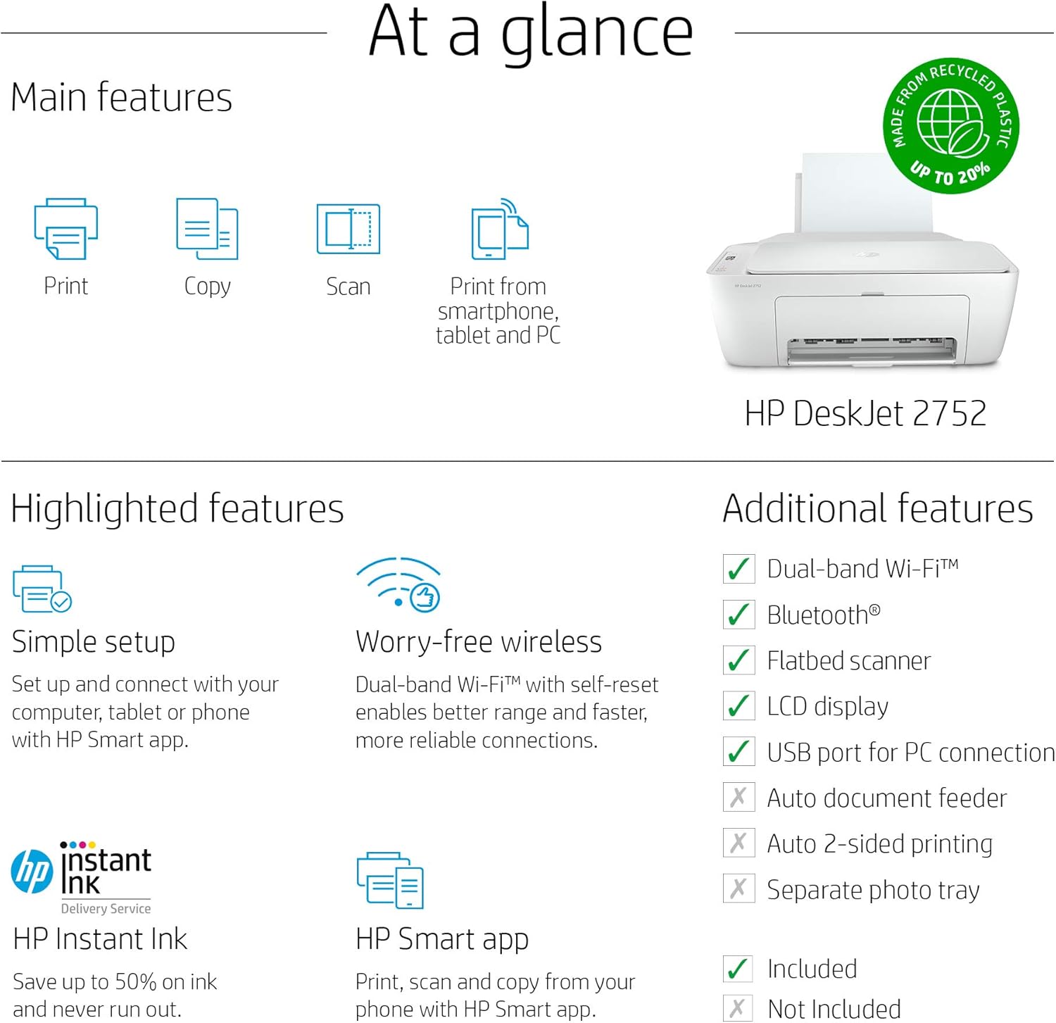 HP DeskJet Series Wireless All-in-One Color Inkjet Printer - Print, Scan, Copy for Home Business Office - Icon LCD Display, Instant Ink Ready, Up to 1200 x 1200 dpi, Bluetooth 4.1, WiFi, USB