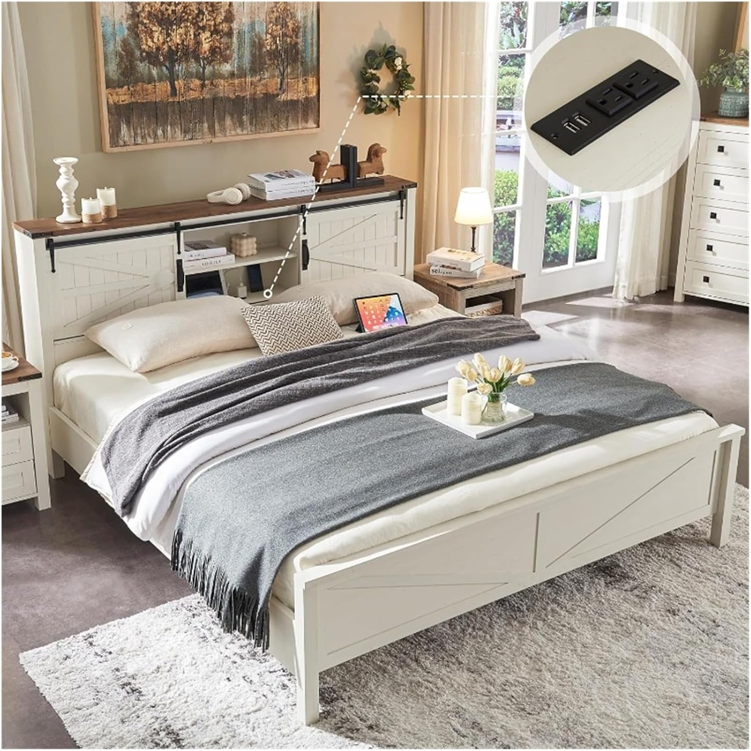 Farmhouse Queen Size Bed Frame with Storage Bookcase Headboard with Sliding Barn Door, Rustic Wood Platform Bed,Modern Style, xx-921