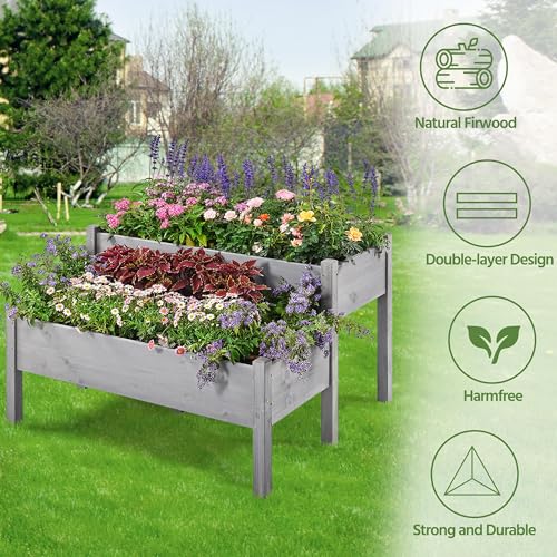 Topeakmart 2-Tier Elevated Stand Raised Bed Planting Planter Bed Box for Flower Vegetable Gardening Outdoor, Gray