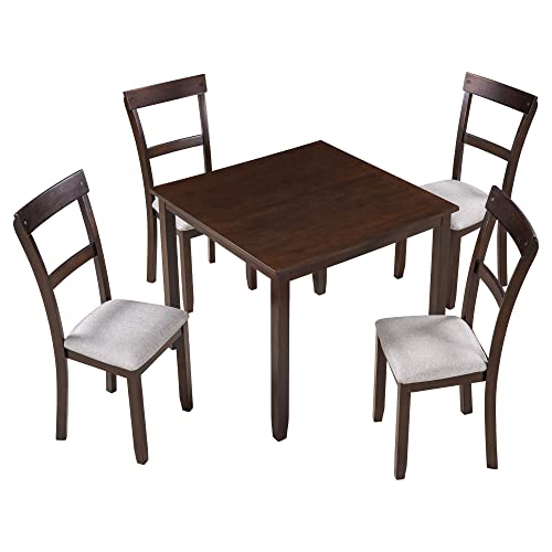 Merax Dining Table Set of 4 Upholstered Chairs & Natural Wood Grain Tabletop Mid-Century Home Furniture Perfect for Kitchen, Apartment and Dinette, 5-Piece Set, Espresso