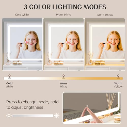 Haewon White Makeup Vanity with Lighted Mirror and Charging Station, Vanity Table Set with Adjustable Lighting, 4 Drawers, Storage Chair for Bedroom