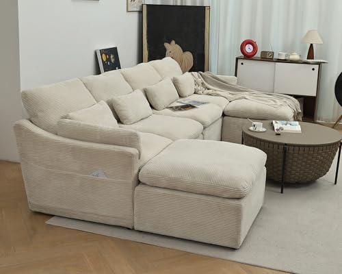 Modular Sectional Sofa, Cloud Couches with Fluffy Corduroy, Convertible U Shaped Couch with Ottomans, Comfy Oversized 4 Seater Sofa Couch Set with Chaise for Living Room