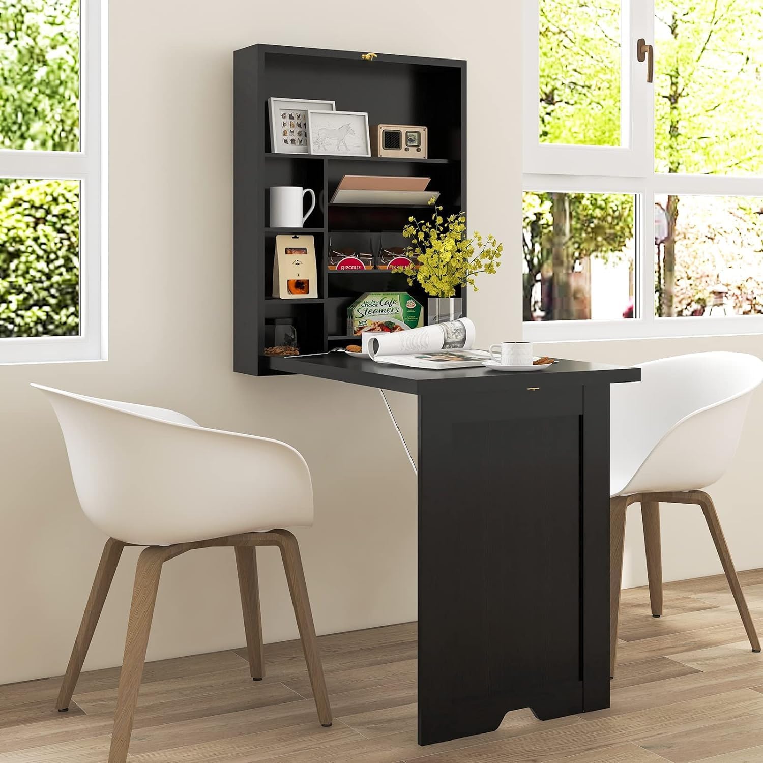 Wall Mounted Desk, Multi-Function Home Office Workstation with Storage Shelves, Space Saving Fold Out Convertible Floating Table for Bedroom, Living Room, Study Room, and Small Spaces (Black)