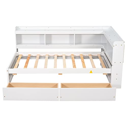 Twin Size Platform Bed with L-shaped Bookcase Headboard and 2 Storage Drawers, Pine Wood Daybed Captains Bed with Bookshelf for Kids Boys Girls, White