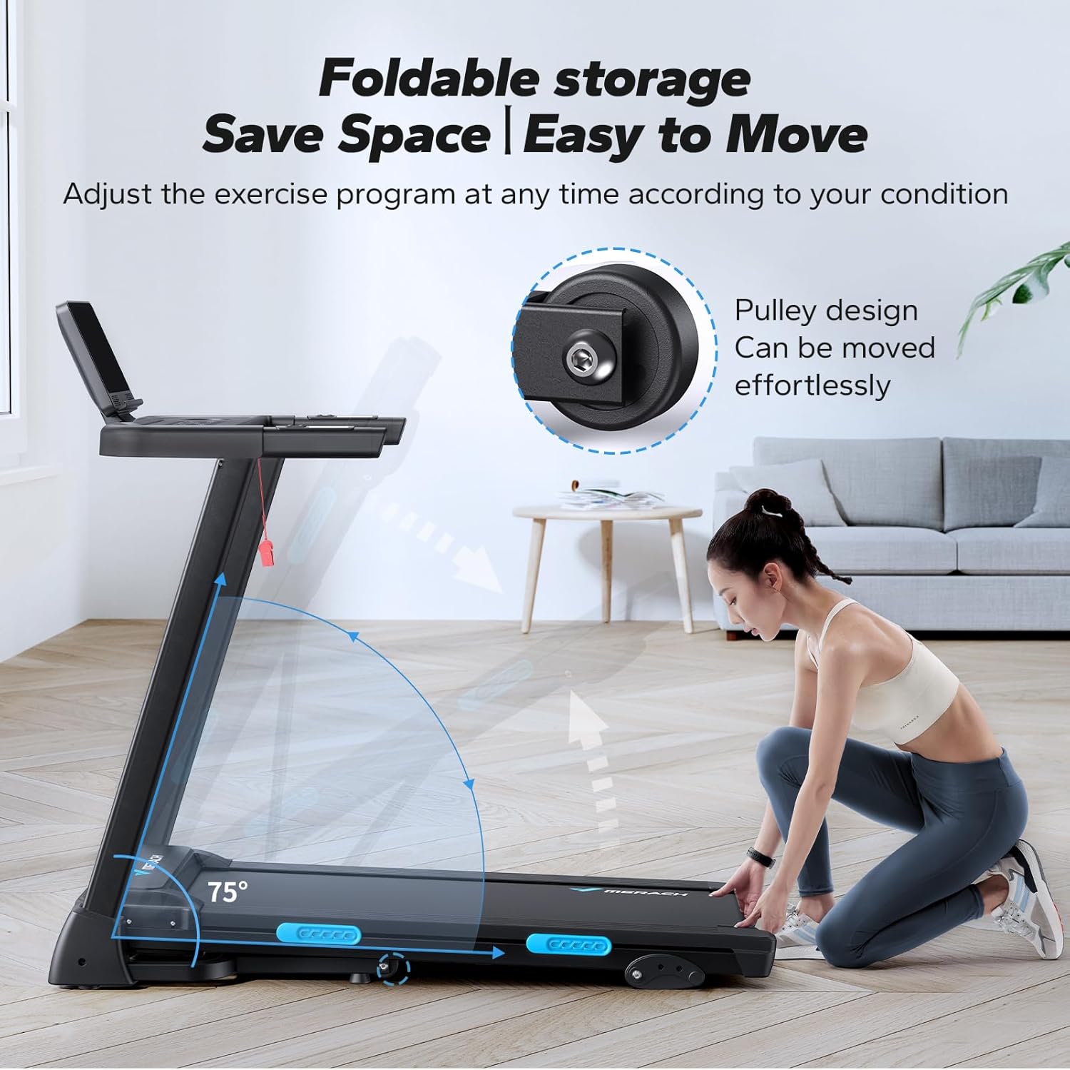 MERACH Foldable Treadmill with Incline 6％, 2 in 1 Treadmill for Home with Max 7.5MPH 40dB, Incline Treadmill Walking Pad with 265Lbs Capacity, Handle bar, Heart Rate Monitoring, APP, LED Display