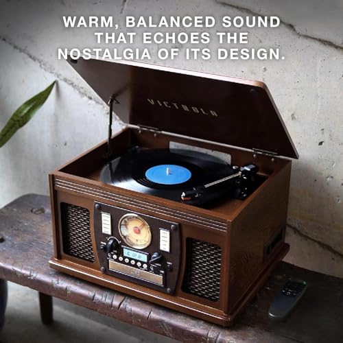 Victrola Navigator 8-in-1 Bluetooth Record Player with Built-in Speakers– 3 Speed Turntable, CD Player, Cassette, FM Radio, USB, RCA Out, Headphone Jack, Wireless Music Streaming, Real Wood (Mahogany)