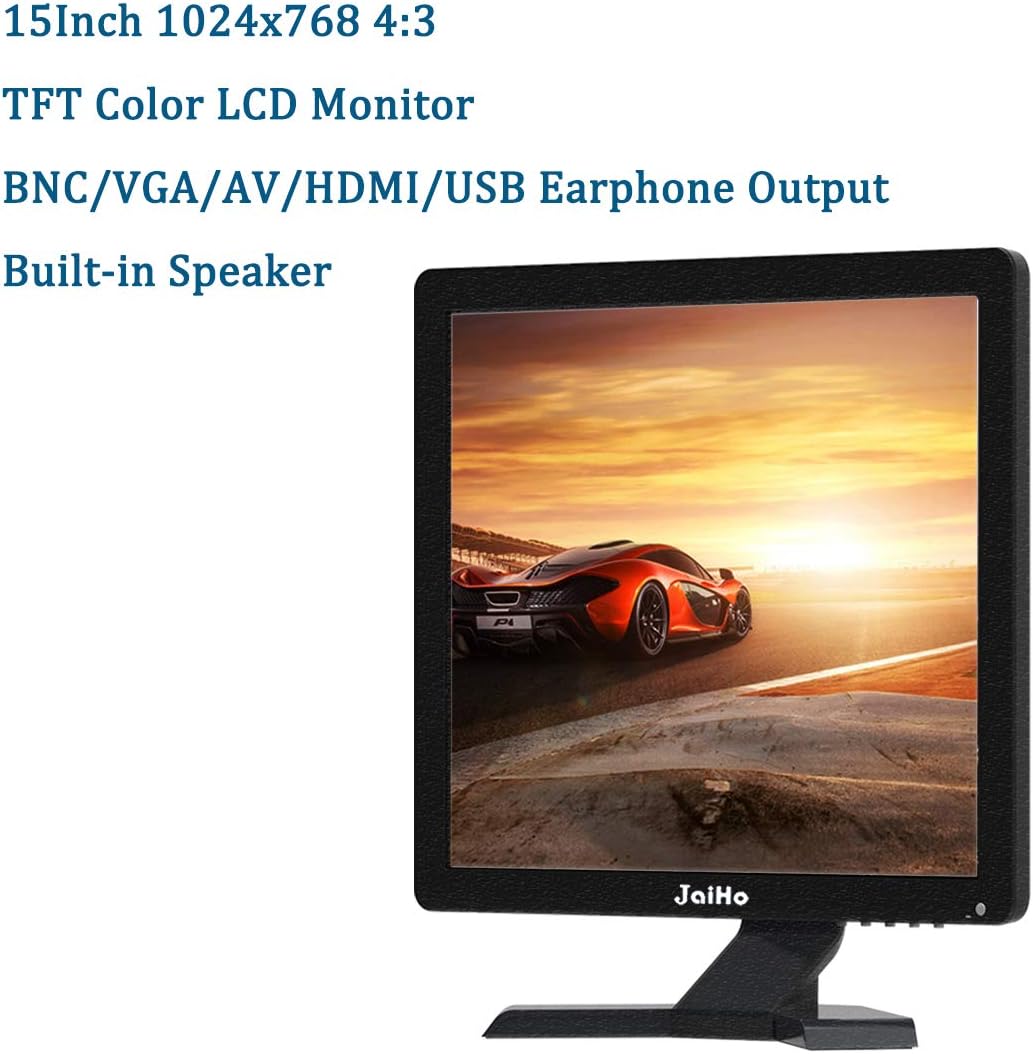 JaiHo 15 Inch LCD Monitor HDMI VGA Monitor, 1024x768 Resolution Monitor Color Screen with VGA/AV/HDMI/BNC/USB Earphone Output, Built-in Dual Speakers