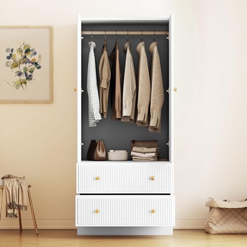 QHITTY Freestanding Bedroom Armoire Wardrobe with 2 Drawers, Bedroom Chest Clothes Storage with Clothing Rod and 2 Storage Doors for Bedroom, Living Room White